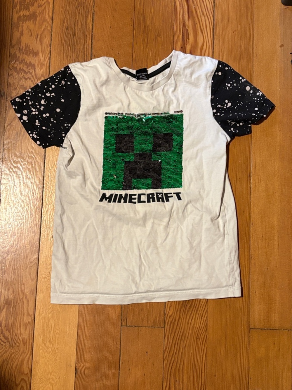 Minecraft Kids Short Sleeve Sequin Creeper Tee - White with Black Sleeves